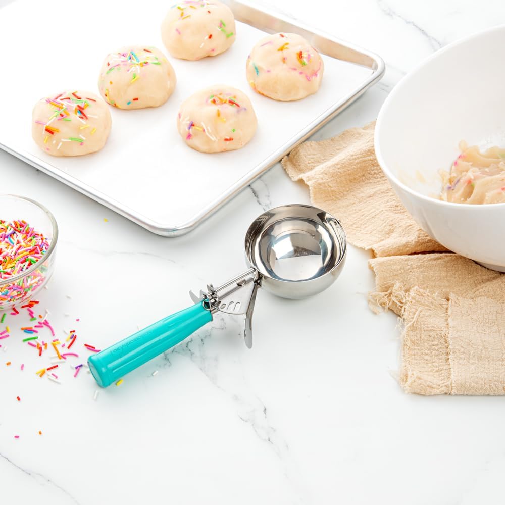 Restaurantware Met Lux 6 Ounce Portion Scoop 1 Durable Disher Scoop - Thumb Trigger Teal Stainless Steel Ice Cream Disher For Portion Control For Ice Cream Mashed Potato And Cookie Dough