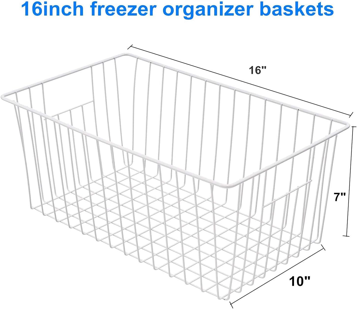 16inch Freezer Wire Storage Organizer Baskets, Household Refrigerator Bins with Built-in Handles