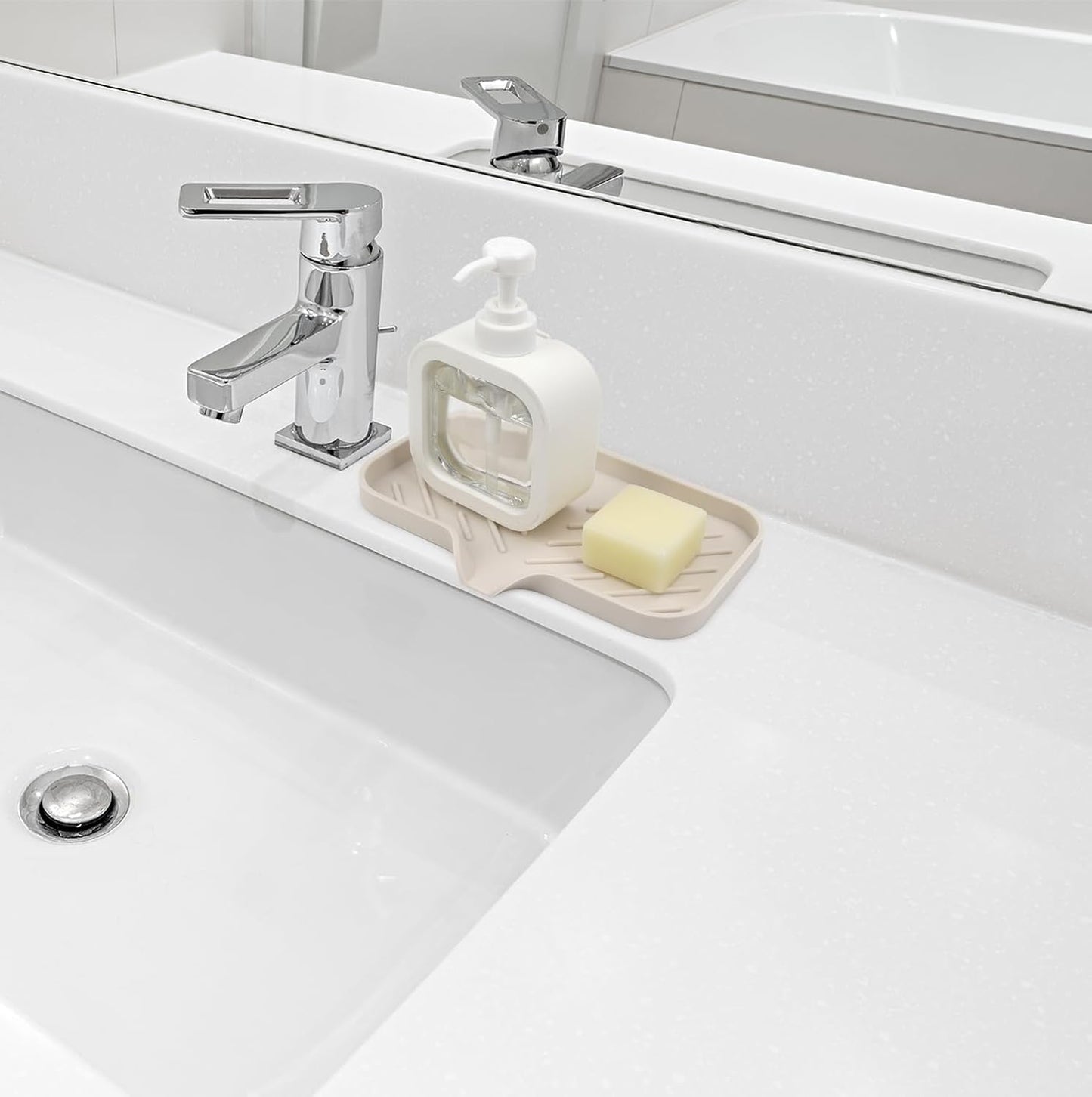 YASMEN Silicone Bathroom Soap Dishes, Sink Sponge Holder for Kitchen, Rubber Soap Dish with Drain, Shower Soap Sponge Tray, Sink or Counter Organizer, for Bar Soap, Bottle, Dish Soap Dispenser-Tapioca