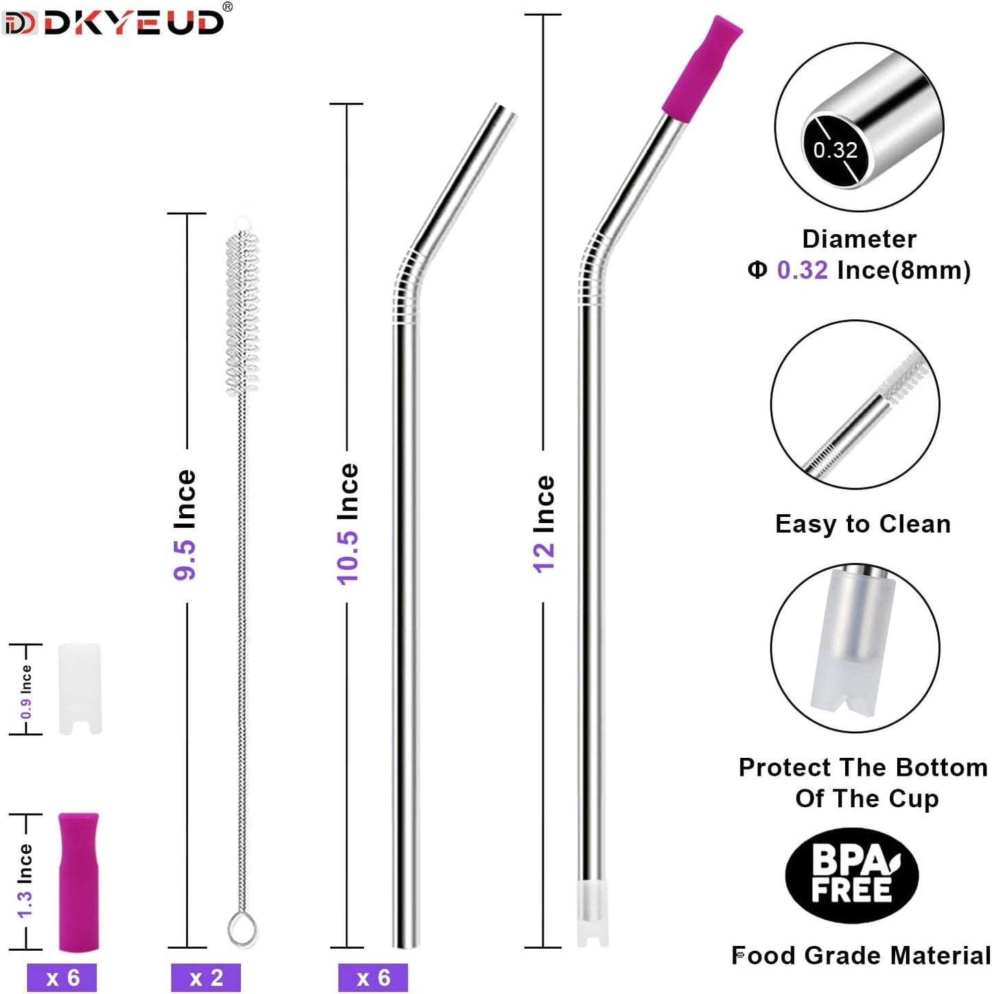Newly Upgraded 10.5In Bent Metal Straws Reusable Set 6 PCS with 12 Silicone Accessories, 2 Straw Brush, 1 Storage Case, BPA Free, Eco-Friendly Stainless Steel Straws for 14, 20, 30,40 oz Tumbler