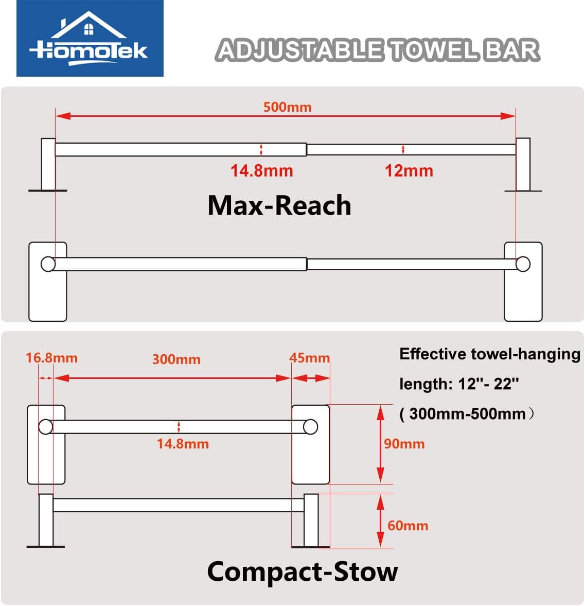 Adhesive Adjustable Towel Bar, HOMOTEK Economical Self Stick Towel Holders, Towel Rod Size from 12 Inch to 22 Inch Single Towel Racks, Towel Hanger Hook for Kitchen(1 Pack Matte Black)