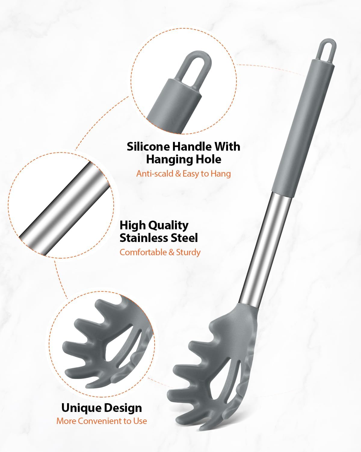 Silicone Spaghetti Spoon & Pasta Tong With Pasta Measurer, 3 Pack of Non-Stick Stainless Steel Handle Pasta Fork Set with Teeth, Food Clip for Easy Serving of Noodles (GREY)