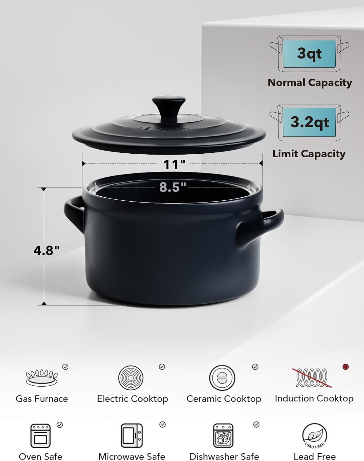 LE TAUCI 3 qt Ceramic Dutch Oven for Bread Baking with Silicone Sling- Lightweight, Non-Toxic, No Seasoning Needed- Oven, Microwave & Dishwasher Safe, Ideal for Home Bakers & Beginners, Midnight Blue