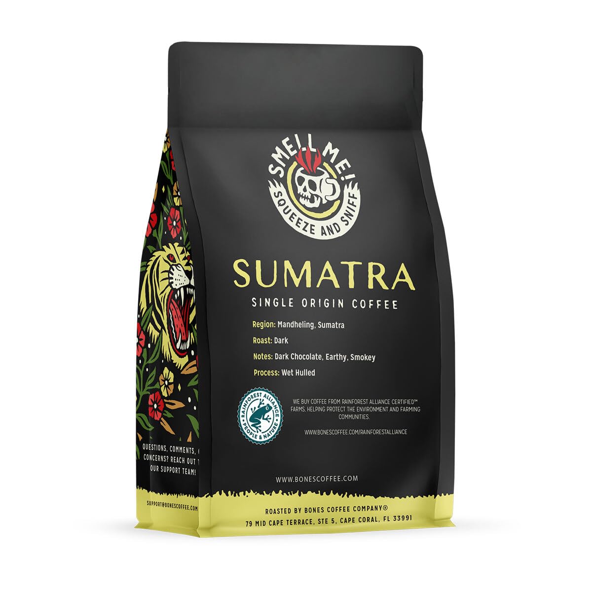 Bones Coffee Company Sumatra Single-Origin, Dark Chocolate, Smoky Earthy Notes, Whole Coffee Beans, Low Acid Darl Roast Arabica Beans Flavored Coffee, 12 oz Whole Bean