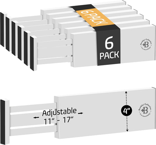 6 Pack Drawer Dividers 4 Inch High, 11”-17" Adjustable Bamboo Organizers Large Expandable Drawer Separators for Cloths, Dresser, Bedroom, Bathroom, Baby Drawer, Office & Kitchen Utensils (White)