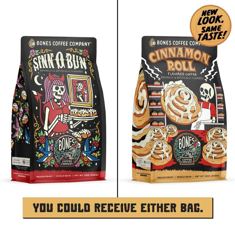 Bones Coffee Company Cinnamon Roll Flavored Coffee, Medium Roast Low Acid Arabica Beans Compatible with Auto drip and French Press Coffee Maker, 12 Oz Whole Bean