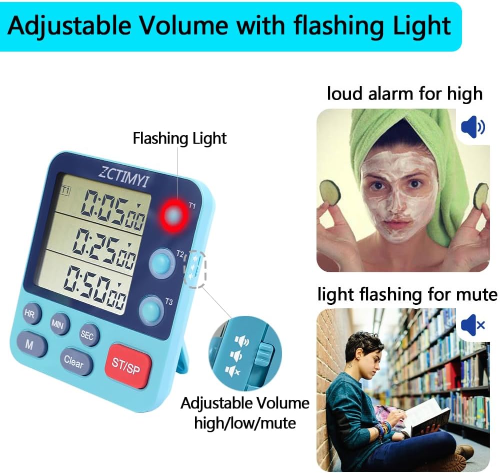 Dual Digital Timer for Kitchen Cooking, 3 Channels Count Down/Up Triple Timer for Kids, Presets Memory Large Display & Magnetic Back Adjustable Alarm Volume, Suit for Student Teacher Studying, Orange