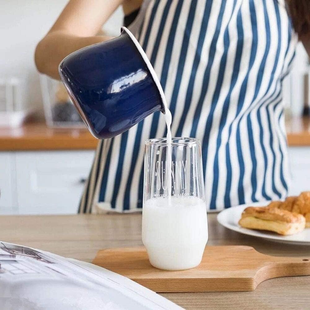 Enamel Milk Pot, Small Enamel Saucepan Milk Pot Butter Warmer 4 Inch 17 Oz Enamel Small Sauce Pan with Wooden Handle, Perfect Size for Heating Smaller Liquid Portions. (Blue）