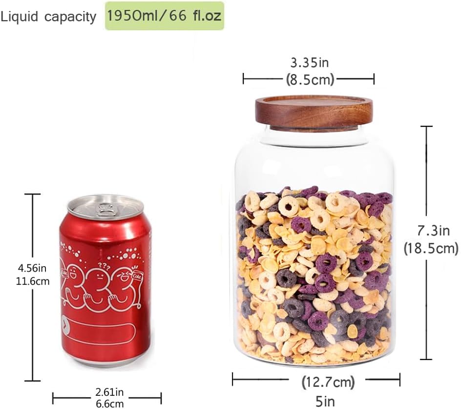 Thicken Glass Storage Jar, Food Storage Container/Canisters with Airtight Wooden Lid for Tea, Coffee, Honey, Cacao Powder,BPA Free Perfect as a Cereal Dispenser (7.6inch 2pcs)