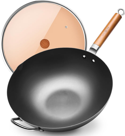 WANGYUANJI Iron Wok,14.2 inch Woks for Stir-fry, Chinese Stir Fry Pan Uncoated, Traditional Flat Bottom Iron Pot for Induction, Electric, Gas, Suitable for All Stoves(Pure Iron Wok)