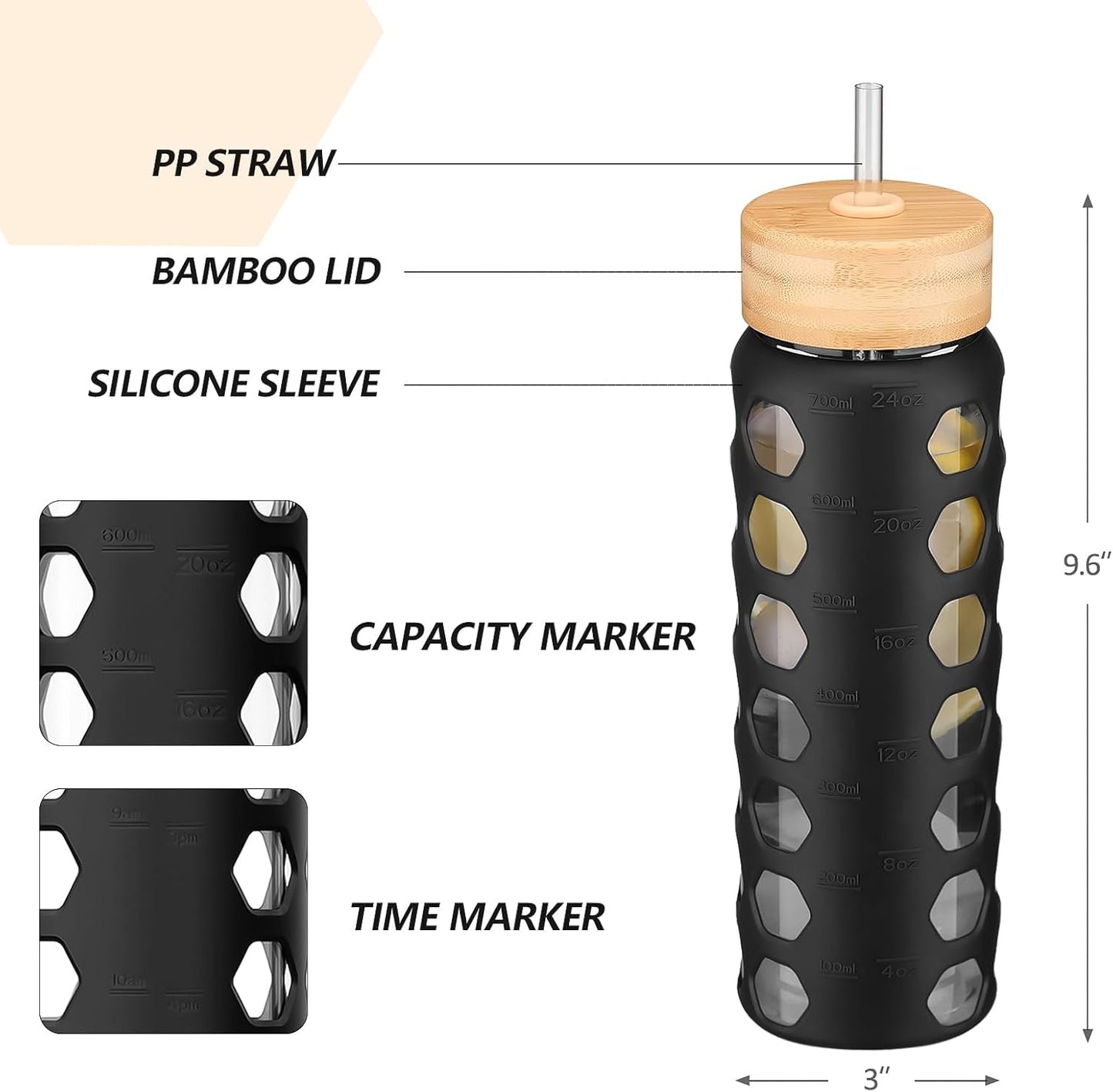 MUKOKO Glass Water Bottles, 24oz Glass Tumbler with Straw, Drinking Bottles with 2 Lids-Handle Spout Lid&Bamboo Straw Lid, Motivational Water Bottle with Time Marker and Silicone Sleeve, 1 Pack-Black
