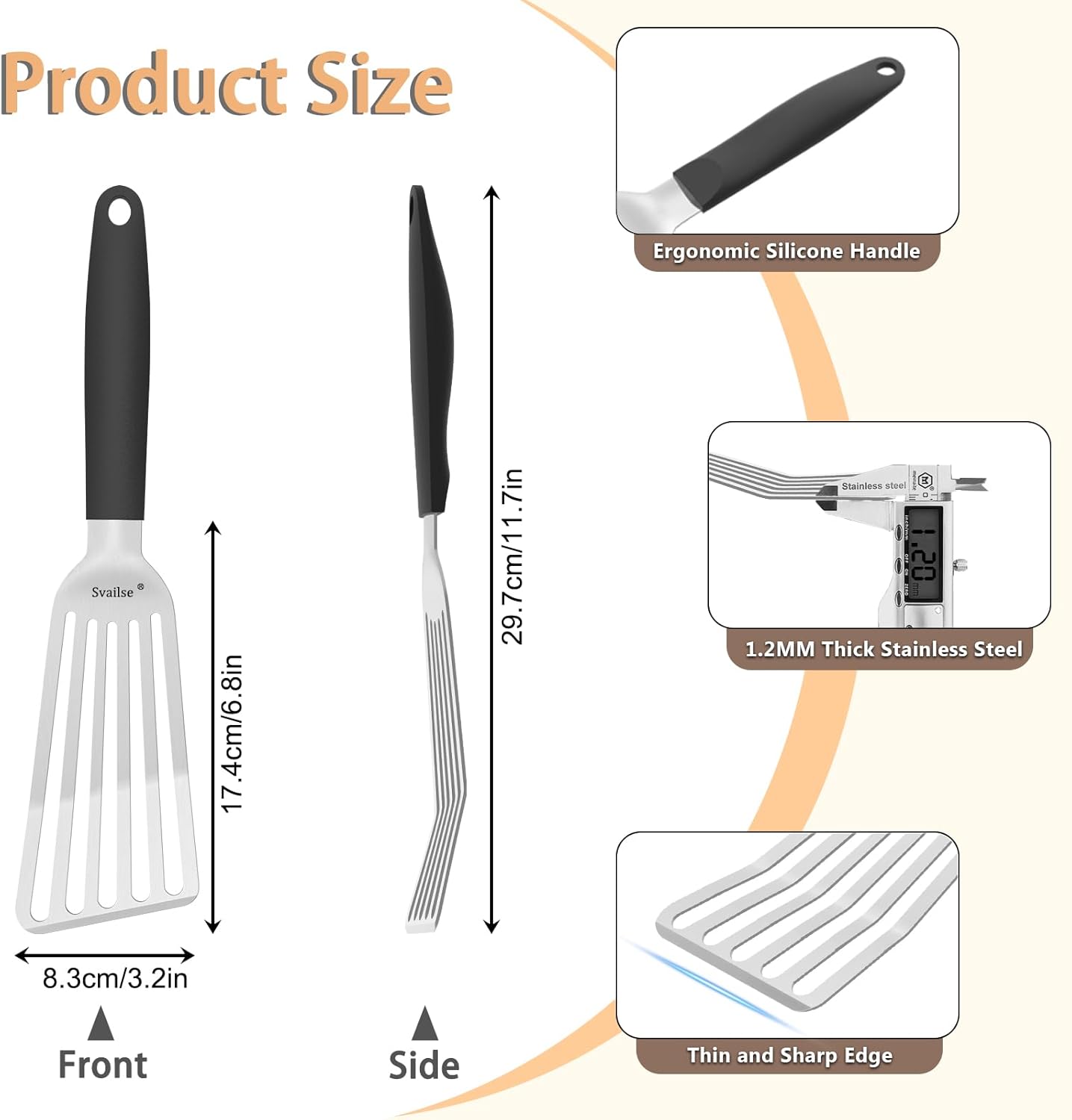 Fish Spatula Stainless Steel, Metal Spatula for Cast Iron Skillet, Slotted Turner with Silicone Handle for Cooking, Grilling, Flipping, Egg, Cookie, Pancake and Burger (Small, 11.7 Inch)