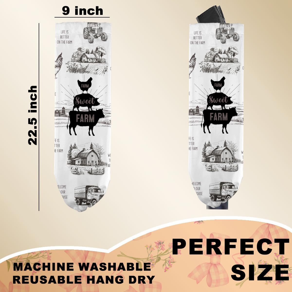 Rustic Sweet Farm Plastic Bag Holder for Kitchen Essentials, Wall Mount Grocery Bag Holder for Plastic Bags, Cow Pig Chicken Reusable Grocery Bags Storage Dispenser for Home Kitchen Farmhouse