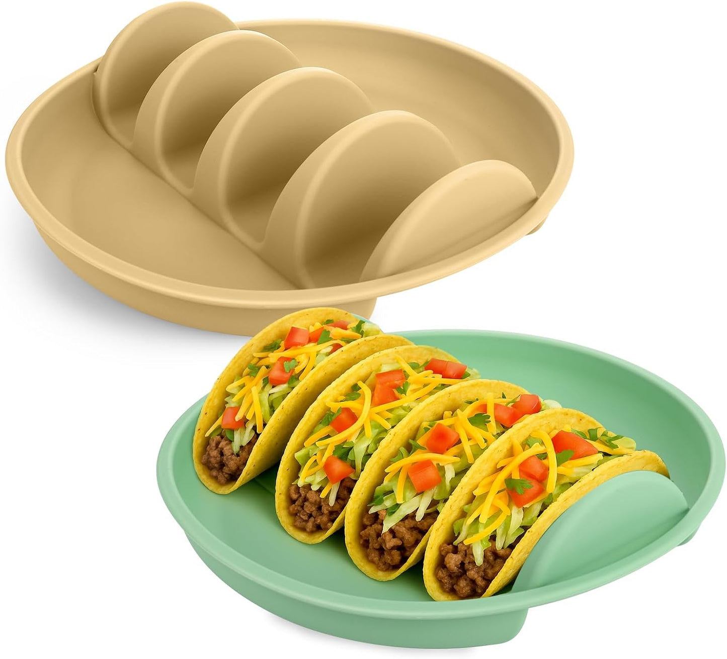 Silicone Taco Holder Plates Set of 2 - Reusable Taco Stand Plates with 4-Shell Slots, Oven/Microwave/Dishwasher Safe, Non-Slip Base for Tortillas Party Serving, Family Dinner & Meal Prep Accessories
