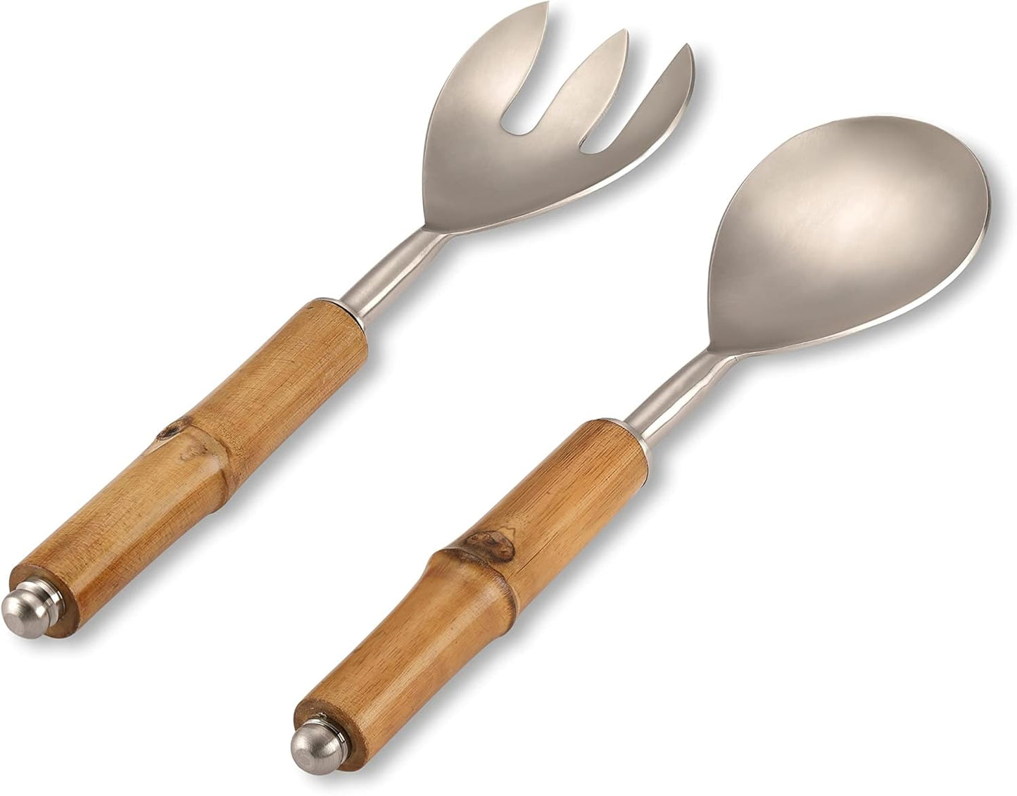 Folkulture Serving Utensils for Modern Cooking, Stainless Steel Salad Servers or Tongs, 12 Inch Tosser, Spoon and Fork Set With Bamboo Handle, Silver