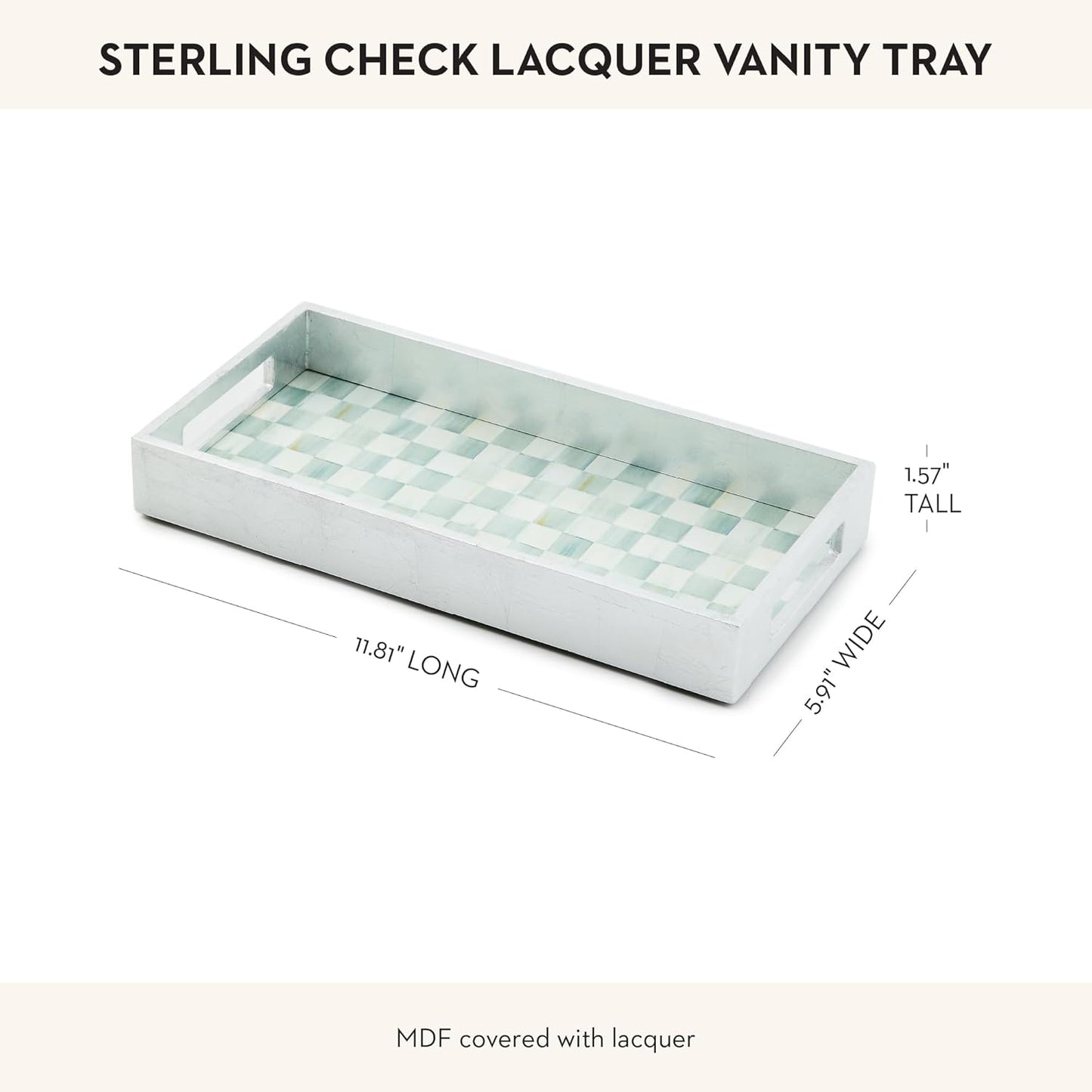 MACKENZIE-CHILDS Lacquer Vanity Tray with Handles, Rectangular Tray for Dresser and Home Decor, Gray-and-White Sterling Check