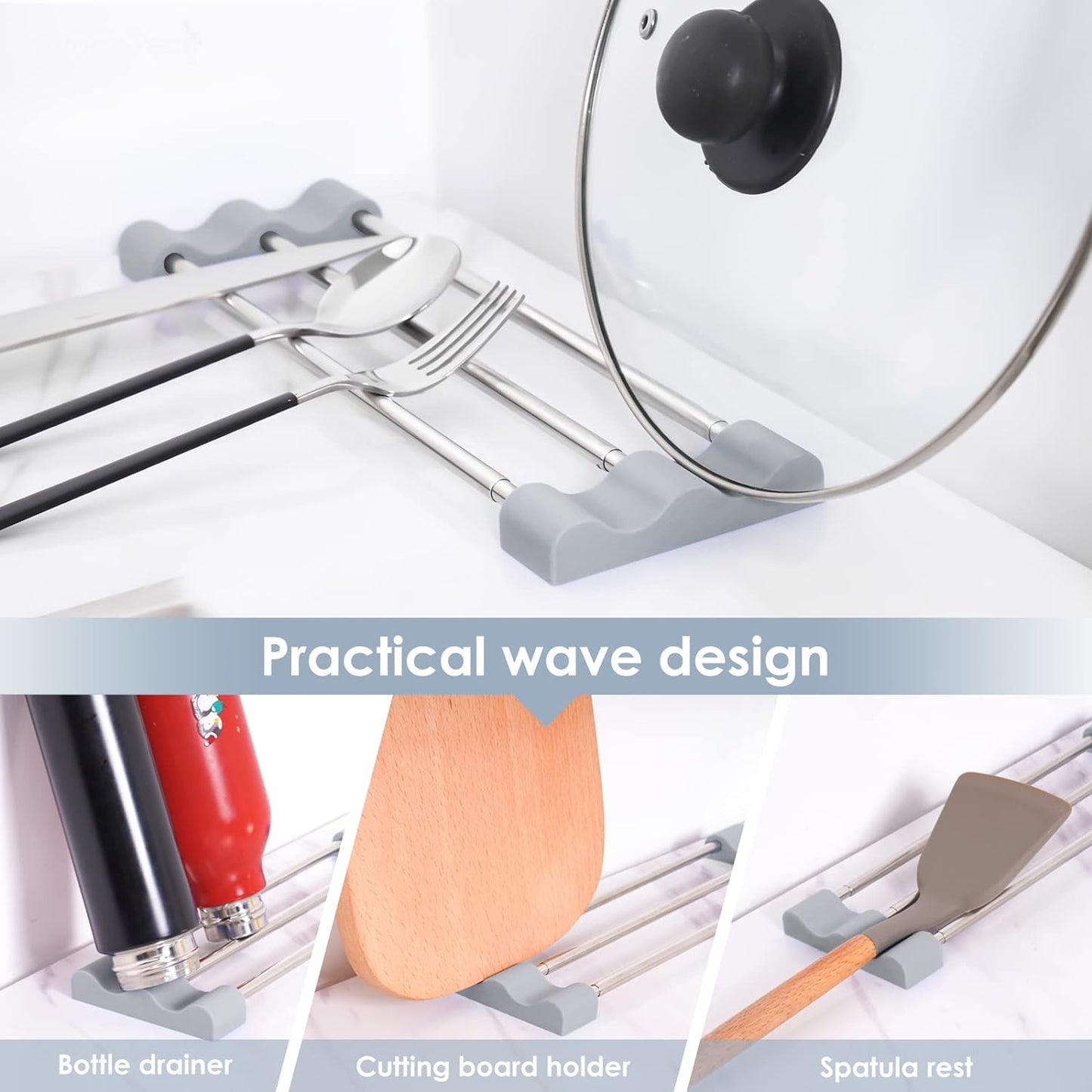 Tomorotec Adjustable Over-The-Sink Kitchen Rack for Dishcloths, Sponges, Bottles and Brushes - Heat-Resistant Stainless Steel with Slim, Expandable Design and Multifunctional Silicone Holder