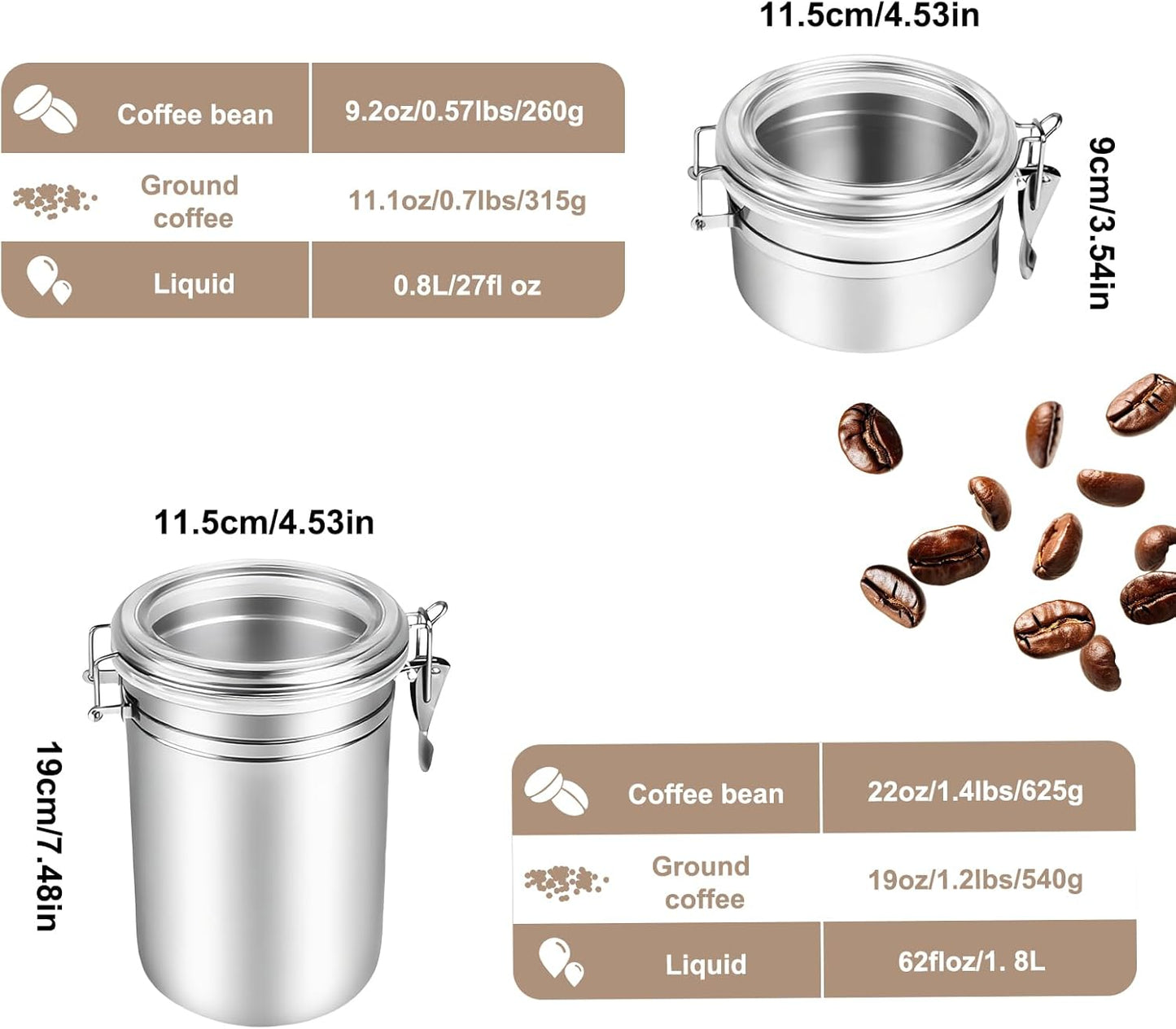 Airtight Coffee Canister, Coffee Storage Containers, Stainless Steel Kitchen Food Storage Jar for Grounds Coffee, Beans, Tea, Sugar, Flour, Cereal (Silver-1.8L*1+1.2L*2)