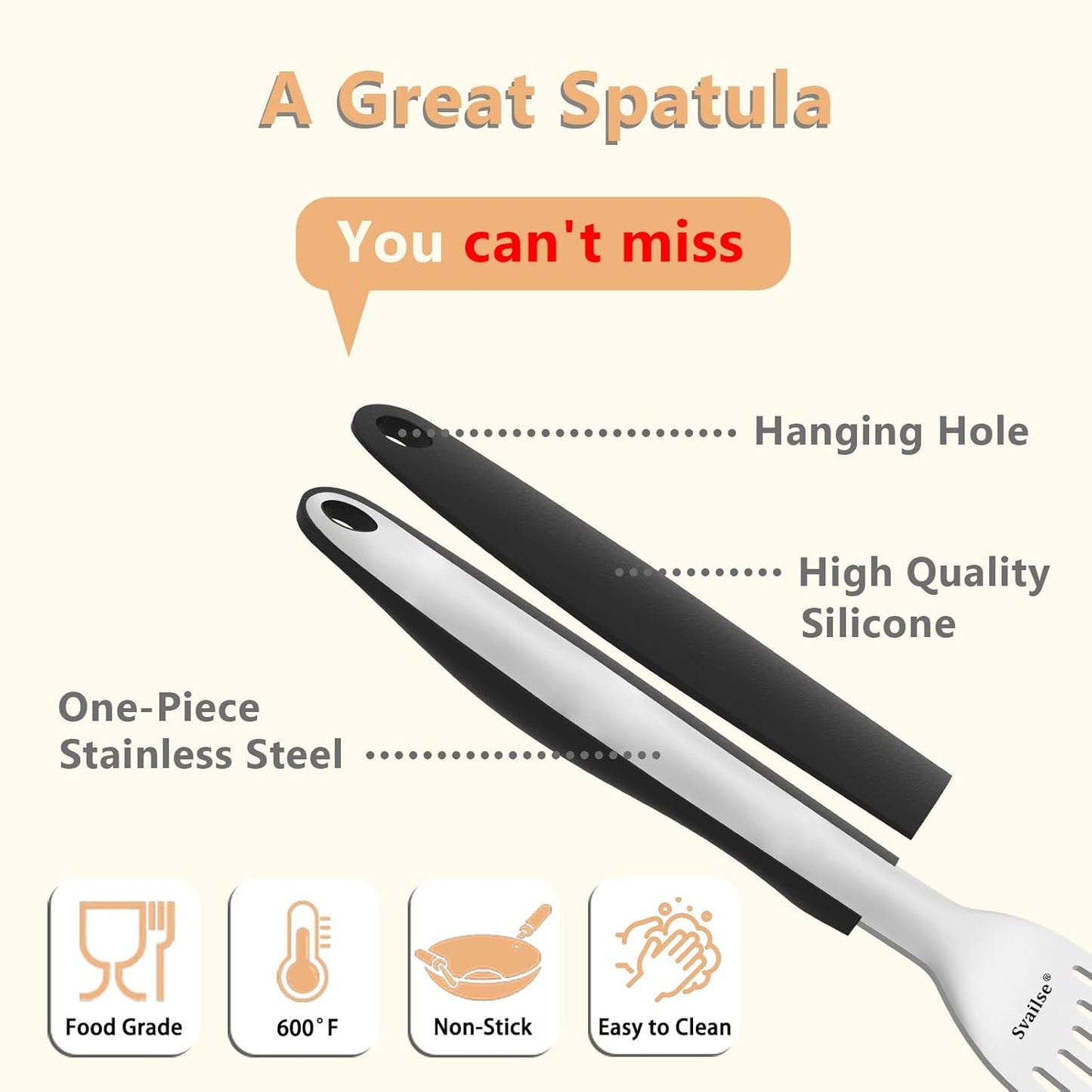 Fish Spatula Stainless Steel, Metal Spatula for Cast Iron Skillet, Slotted Turner with Silicone Handle for Cooking, Grilling, Flipping, Egg, Cookie, Pancake and Burger (Small and Large)