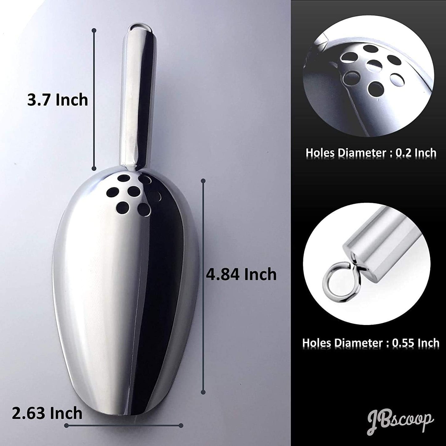 JBscoop Ice Scoop with Holes. Stainless Steel Ice Scoop with Drain Holes to Reduce Unwanted Dilution. Heavy Duty and Dishwasher Safe. Six Ounce Capacity.