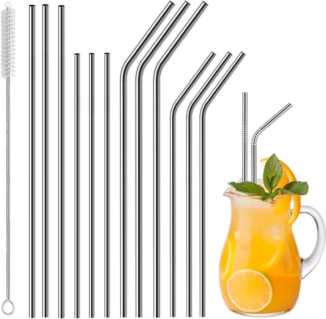Vinaco Stainless Steel Straws Reusable, 12 Pack 8.5" & 10.5" Metal Straws 0.24" for 20 oz - 32 oz Tumblers, Long Drinking Straws with Cleaning Brush for Coffee, Juice, Cocktail and Hot Drinks