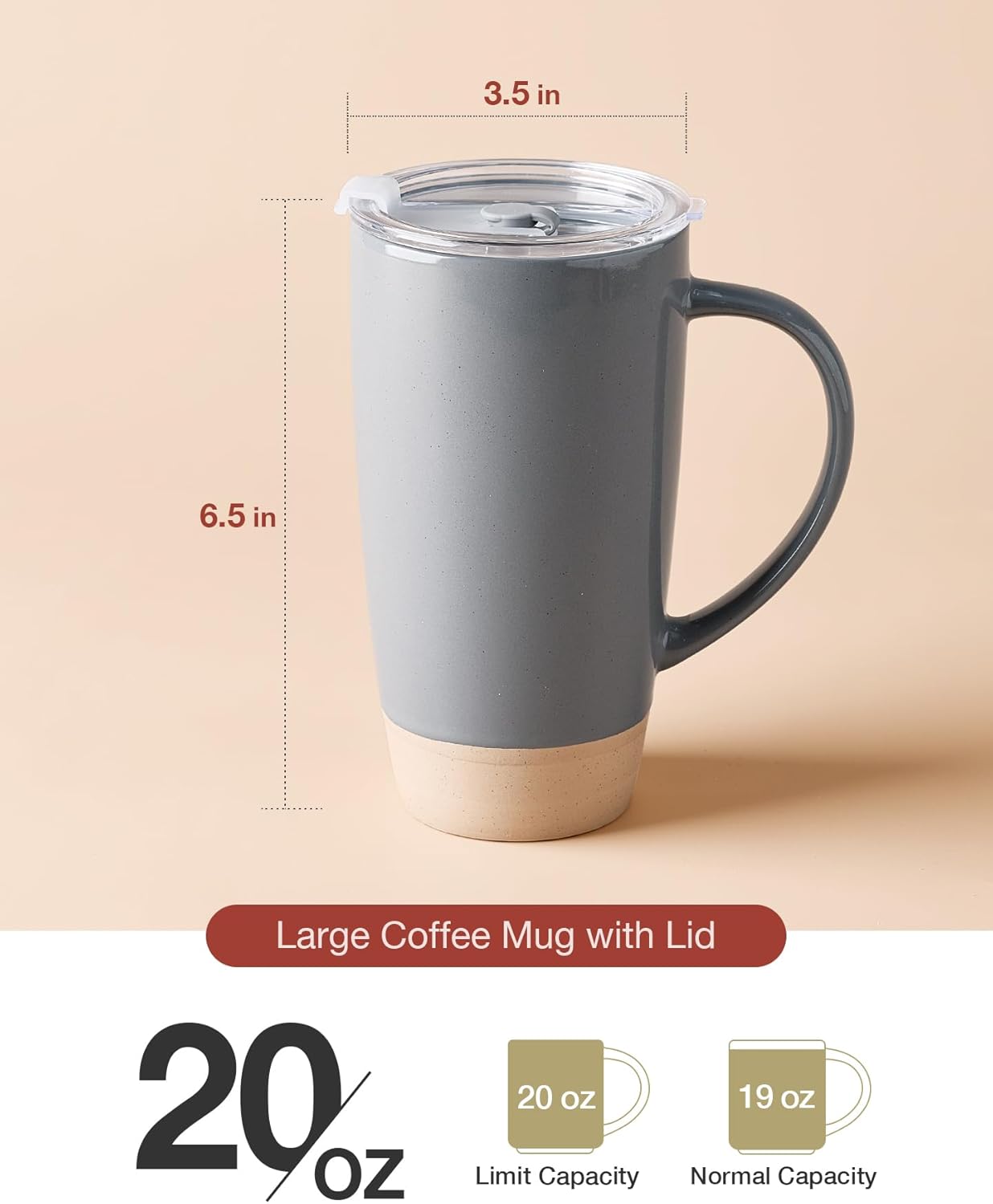 famiware Milkyway Coffee Mugs, 20oz Large Coffee Mug, Ceramic Mug Set of 2 with Lid, Cup Set with Handle for Latte, Tea, Cocoa, Milk, Home & Office, Light Gray and Dark Gray