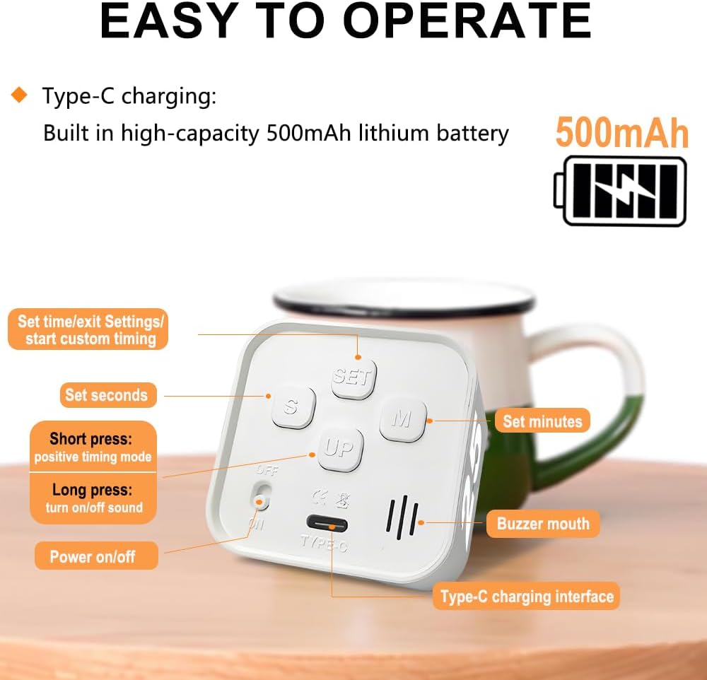 Visual Rotating Timer with 5, 10, 25 50 Minutes Preset, Desk Cube Count Down/up Timer, Rechargeable Custom-time Mute/Sound, Ideal for ADHD Work Learning Kitchen, White