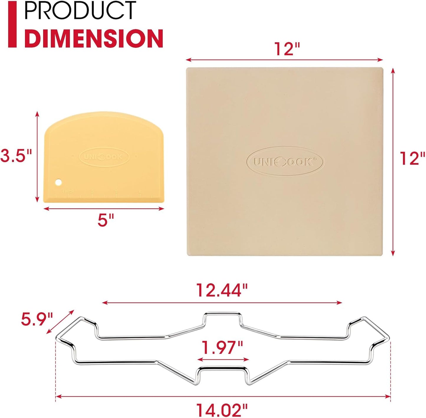 Unicook 12 Inch Square Pizza Stone for Oven and Grill, Oven Baking Stone for Bread, Cordierite Pizza Pan for Baking Crispy Bread, Pie and Cookies, Includes Carry Rack and Dough Scraper