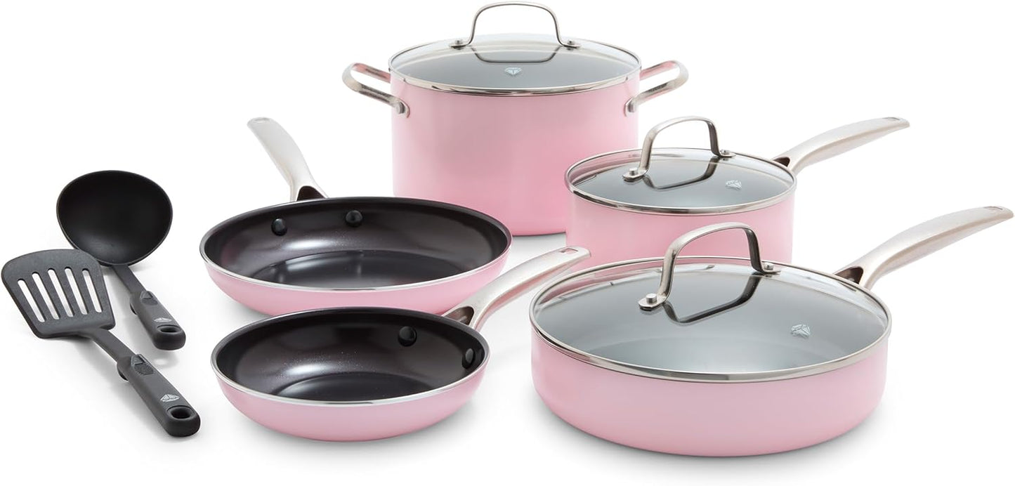 Blue Diamond 10 Piece Nonstick Cookware Set, Diamond Ceramic Pots & Pans, Dishwasher & Metal Utensil Safe, Non Toxic PFAS-Free, Kitchen Cooking Sauce & Saute Pans, Oven & Broiler to 600F, Pink
