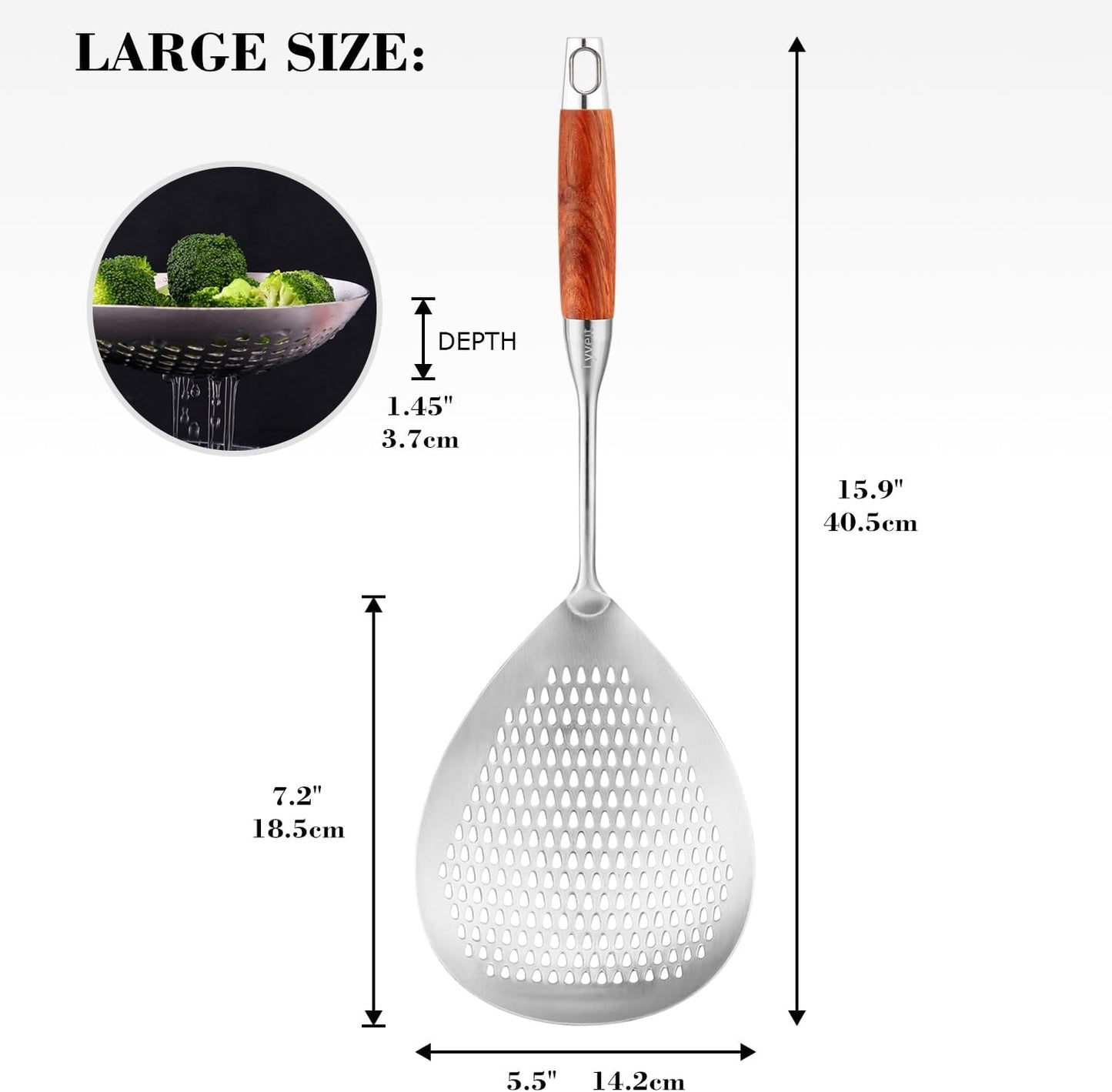 Large Slotted Spoon with Long Wooden Handle - Lyveit 16 Inch Deep Frying Scoop with Hanging Holes, 304 Stainless Steel Fryer Skimmer Spoons for Kitchen Cooking Frying Draining