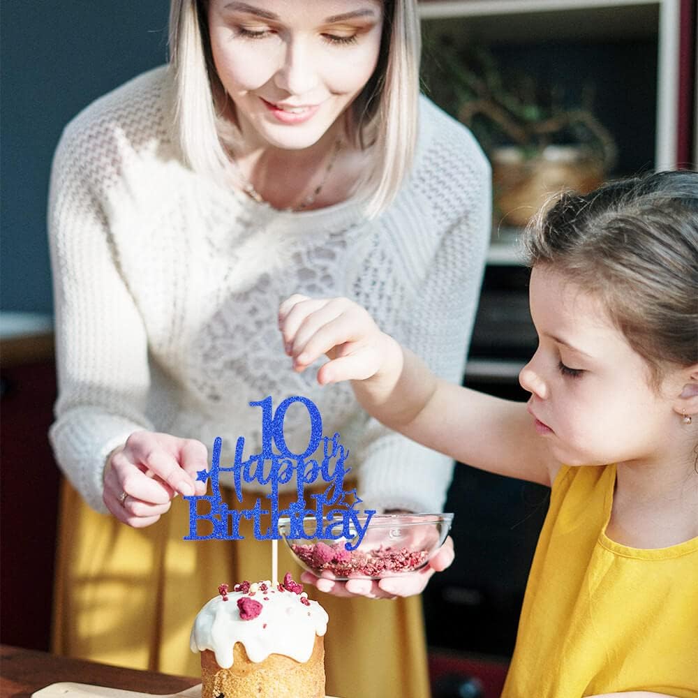 Glittery 10th Cake Topper with Star Boys and Girls 10th Birthday Party Supplies, Ten Years Old Birthday Party Decorations Royal Blue