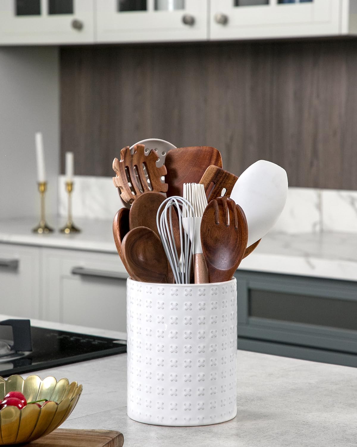 Nucookery 6.4'' Utensil Holder - Ceramic Utensil Holder for Kitchen Counter, Large Capacity Countertop Storage, Farmhouse Style Utensil Crock Organizer for Spoons, Spatulas & Cooking Tools