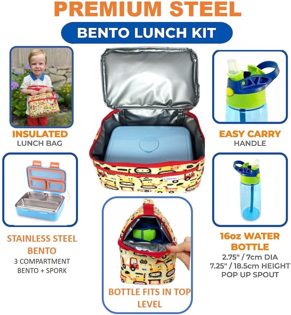 kinsho Stainless Steel Bento Box for Toddler Boys, Insulated Lunch Bag and Water Bottle Set for Toddlers. Snack Container for Small Kids, Baby Daycare or Pre-School Lunches, Blue Yellow Trucks
