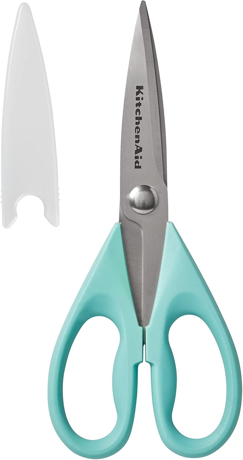 KitchenAid All Purpose Kitchen Shears with Protective Sheath Durable Stainless Steel Scissors, Dishwasher Safe, Soft Grip Comfort Handle, 8.72 Inch, Aqua Sky