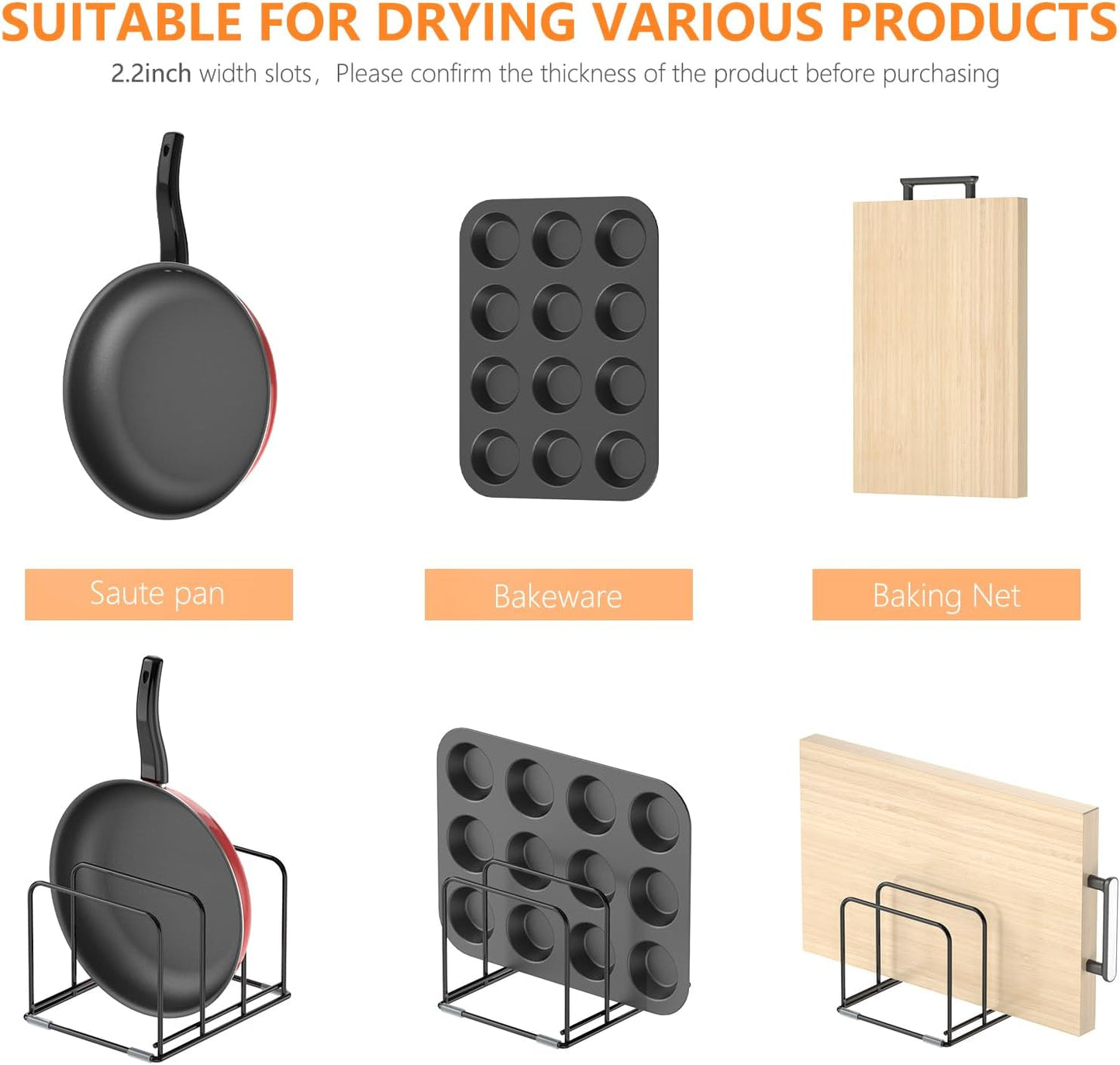 Kitchen Cabinet Organizer, 2PSC Steel Cookware Holder, Divided Holder with 3 Slots for Skillets Baking Tray and Chopping Board Rack - Pan Holder Storage (2.2 Inch Width Slots)