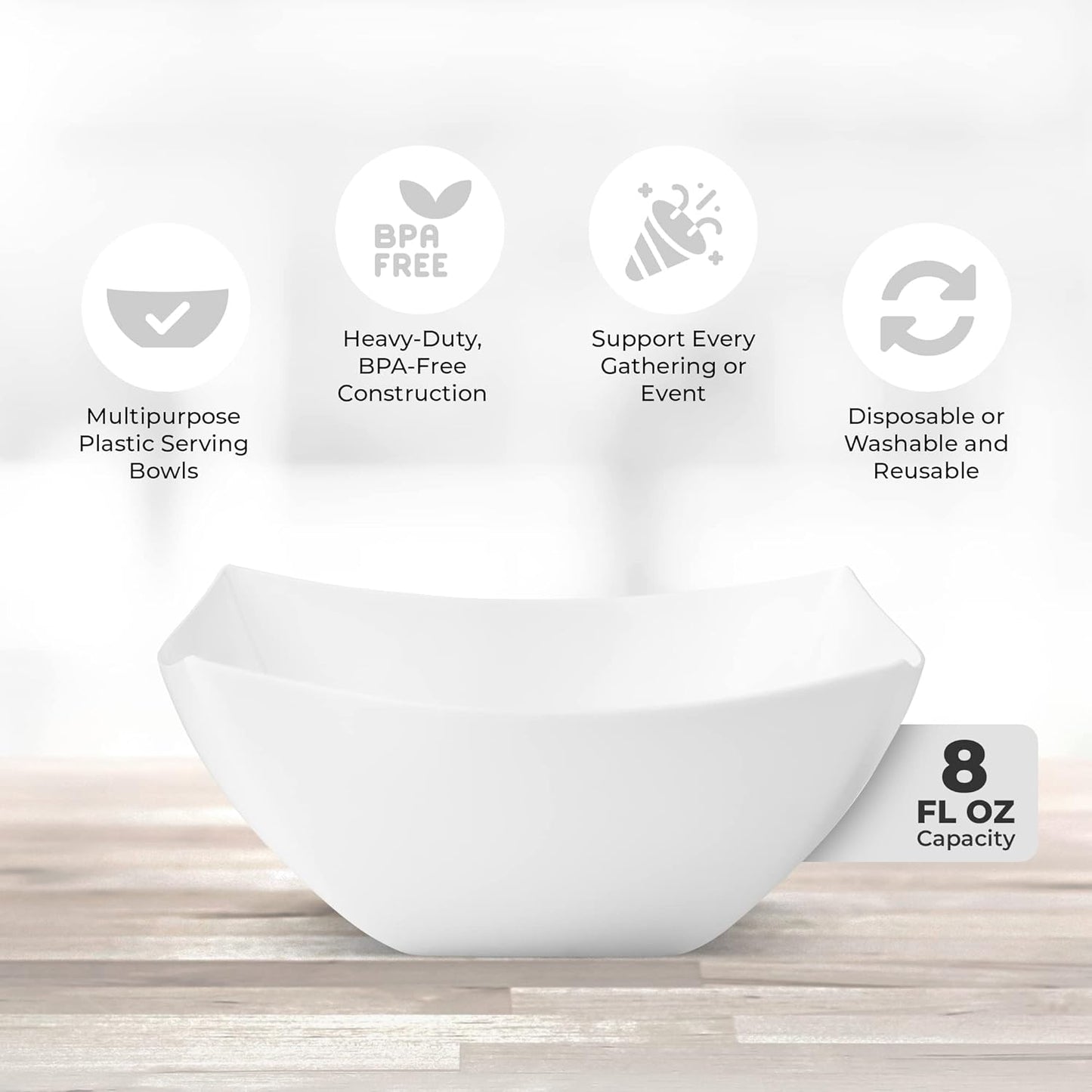 Posh Setting - White Plastic Serving Bowls for Party (8oz - 4 Pack) Square, Disposable, Salad & Fruit Bowls for Party Table, Candy Containers for Candy Buffet
