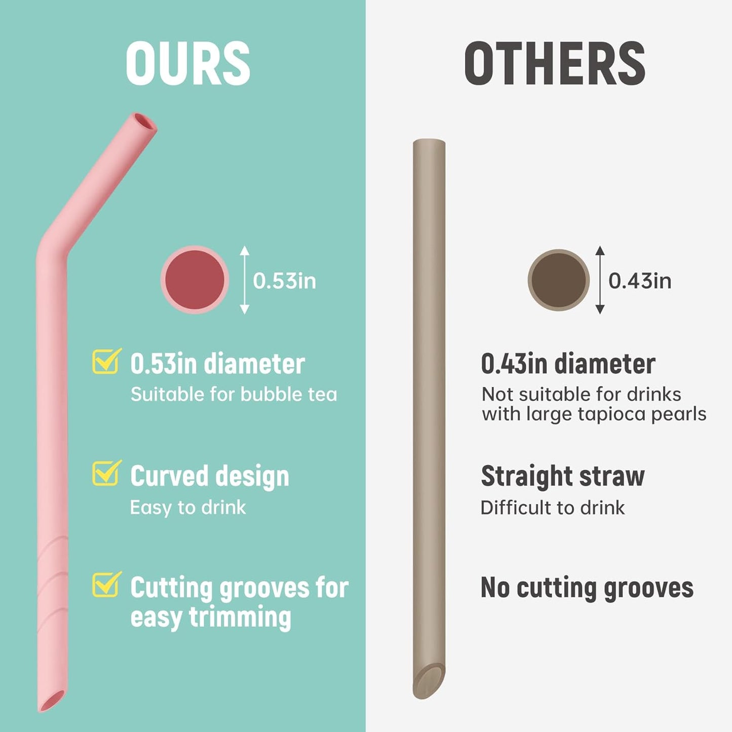 NiHome 6PCS Extra Wide Reusable Bent Silicone Straws for Boba, Smoothies, Bubble Tea, Eco-Friendly Bent Straws for Thick Drinks, Child-Safe, Customizable Length, 2 Brushes for Cleaning (Girl Colors)