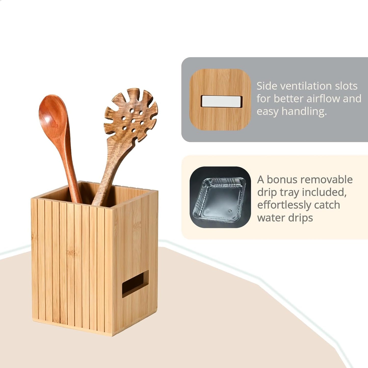 Fluted Bamboo Utensil Holder 6.5 Inch, Natural Kitchen Crock for Countertop, Modern Spoon and Spatula Organizer for Utensil Storage