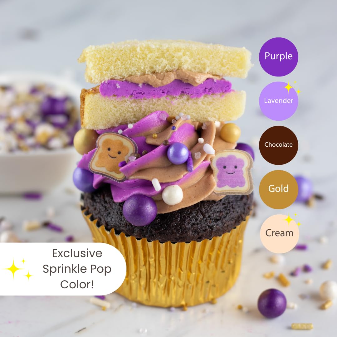 Sprinkle Pop PB&J Sprinkle Mix| lavender Purple Gold Cream Chocolate Sprinkles with ~20 Peanut Butter & Grape Jelly Slice Wafer Papers| Sprinkles Made in USA for Decorating Cake Cupcakes Cookies, 4oz