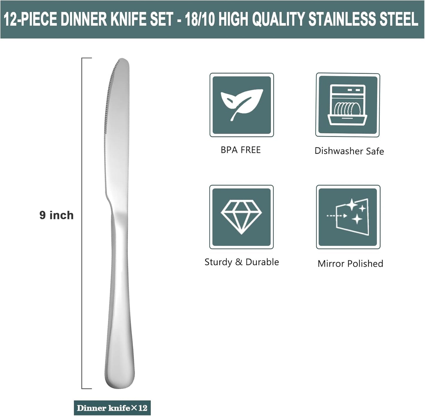 SANTUO Stainless Steel 12-Piece Dinner Knives Pack, Table Steak Knives Set for 12 (Silver 9 Inches)