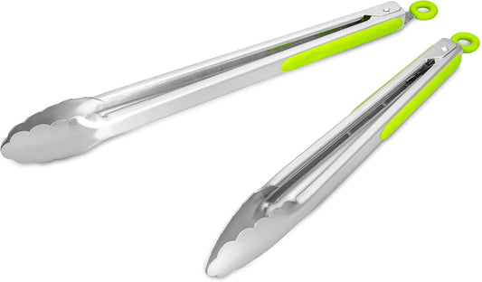304 Stainless Steel Kitchen Cooking Tongs, 12" and 14" Set of 2 Sturdy Grilling Barbeque Brushed Locking Food Tongs with Ergonomic Grip, Green
