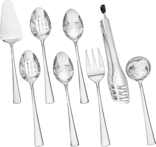 KINGSTONE 8 Piece Serving Utensils Set, 18/10 Stainless Steel Serving Utensils, Slotted Spoon, Serving Spoon, Fork, Tong, Soup Ladle, Cake Server for Buffet, Parties, Kitchen