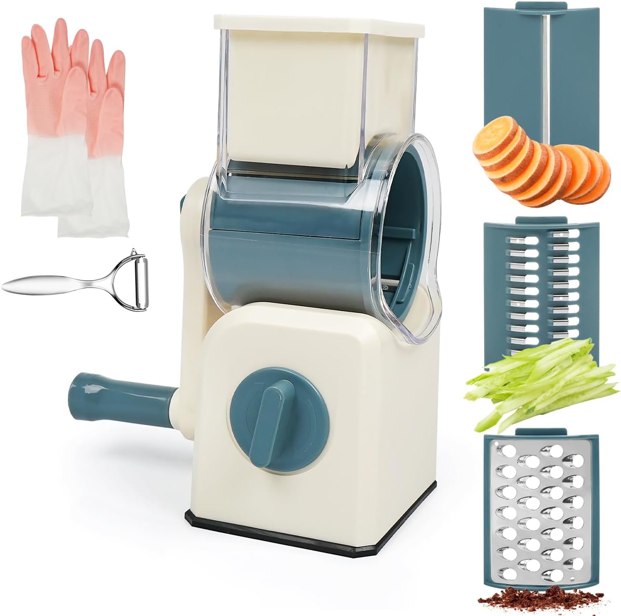 3 in 1 Cheese Grater, Rotary Cheese Grater with Handle for kitchen, Vegetable Slicer with 3 Replaceable Stainless Steel Blades,Peeler and Rubber Gloves (Blue)