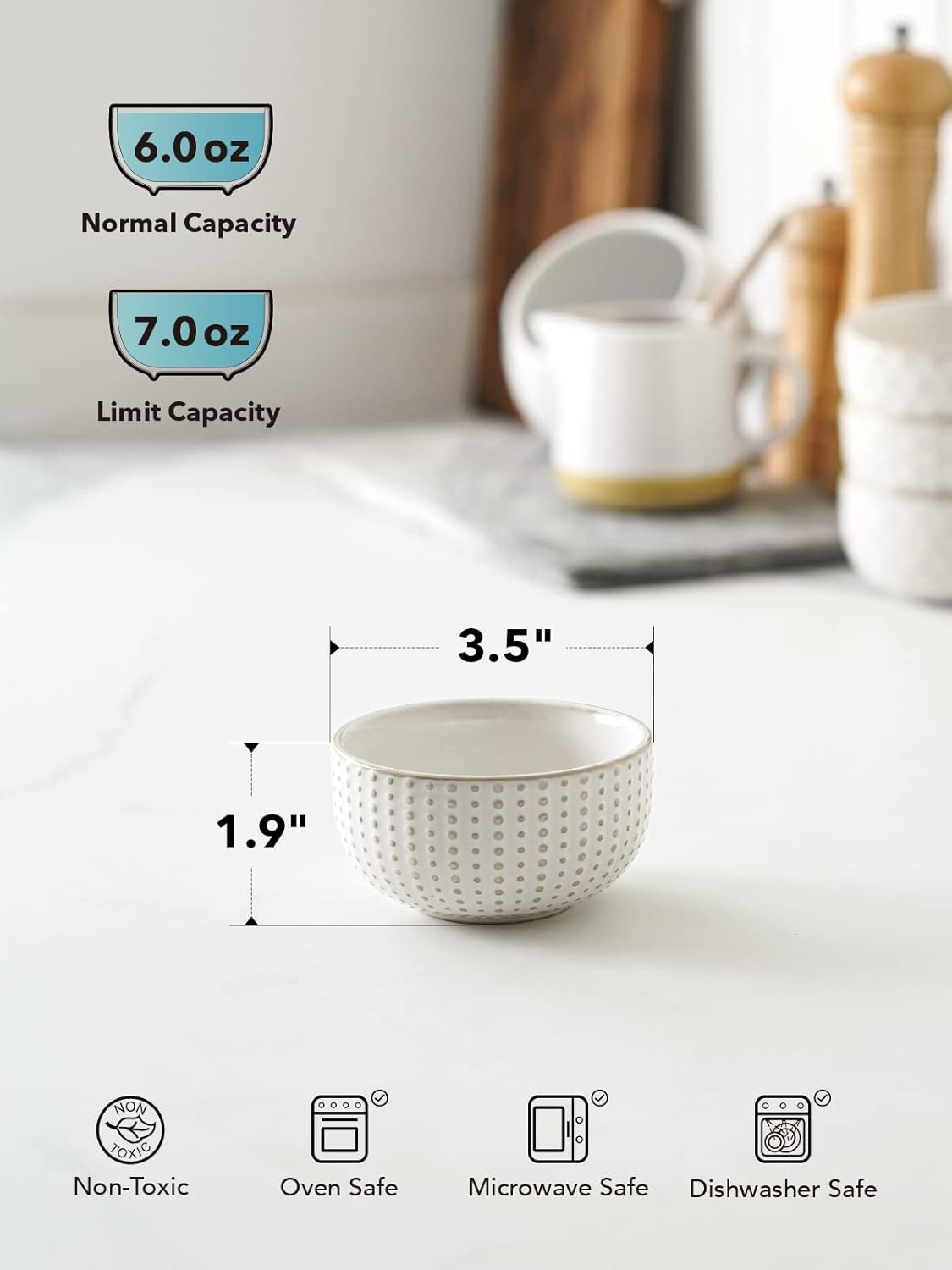 LE TAUCI Small Bowls 7 OZ, Ceramic Embossment Stoneware Bowl for Dipping, Side Dish, Sauce, Appetizer, Dessert, Sushi, Suit For House-warming - 3.5 inch, Set of 4, Arctic white