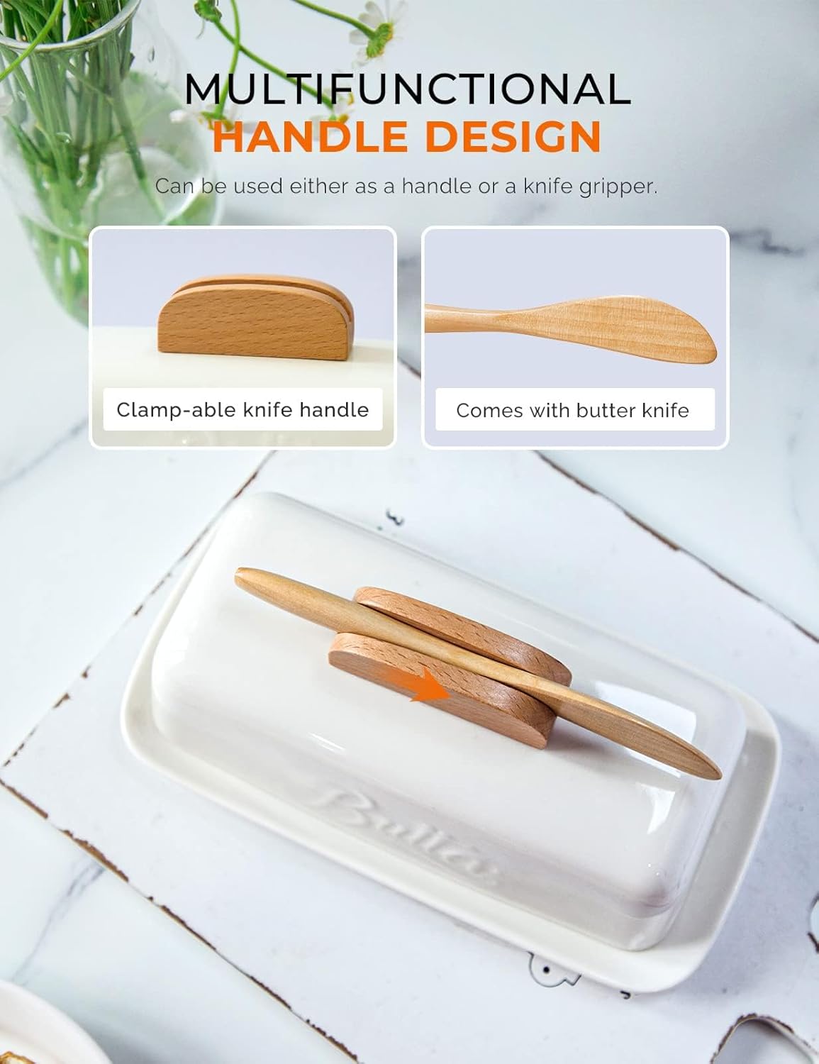 Butter Dish with Lid and Knife Ceramic Butter Holder for Counter Humanized Clamp-able Knife Handle Design, Perfect for East West Coast Butter, White