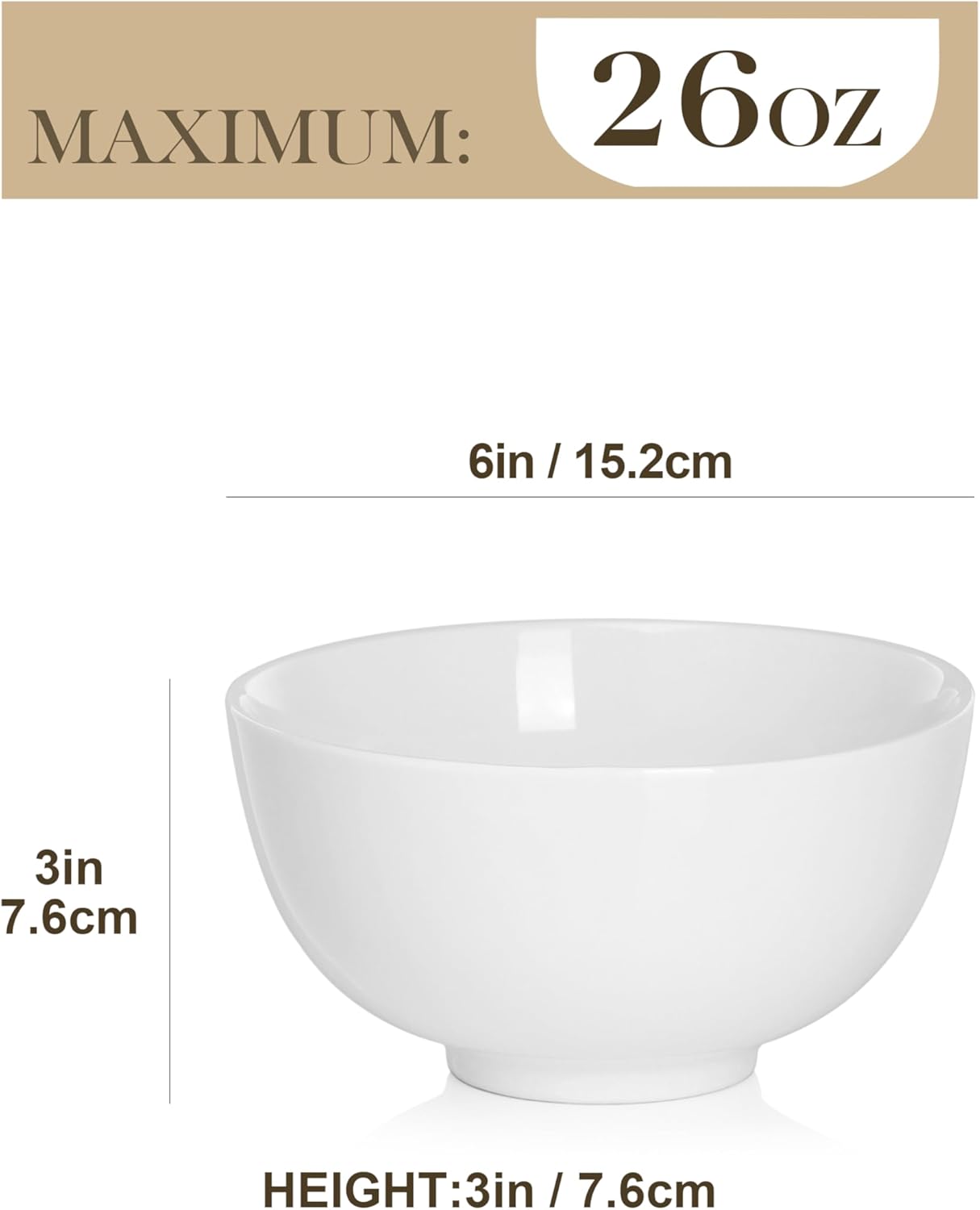 MALACASA 26 oz Porcelain Soup Bowls, White Ceramic Cereal Bowls for Kitchen 6 inch Bowls Set of 6 for Oatmeal Salad Fruit Rice Dishwasher and Microwave Safe, Series Regular