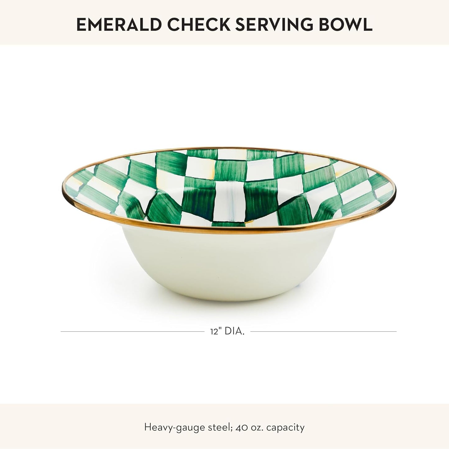 MACKENZIE-CHILDS Enamel Serving Bowl, Enamel Serveware Bowl, 12 Inches, Green-and-White Emerald Check