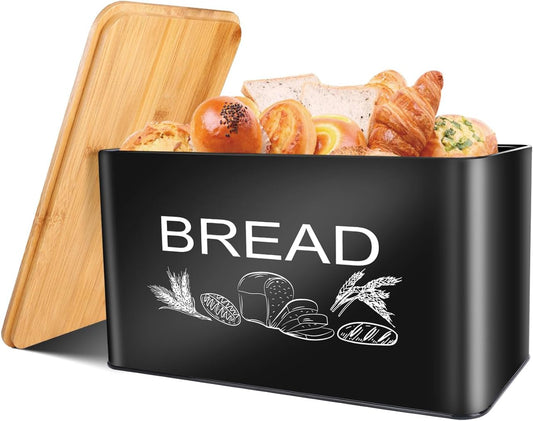 JIGUOOR Black Bread Box, Extra Large Space Saving Vertical Metal Bread Box with Wooden Cutting Board Lid, Holds 3 Loaves, Farmhouse Kitchen Bread Storage, Kitchen Parts Box 12.99" x 7.08" x 7.08"