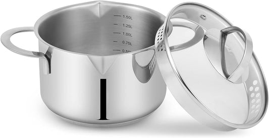 Tri-Ply Stainless Steel Sauce Pan with Steamer Basket & Straining Glass Lid — Heavy-Duty, Thick Base,Rust-Resistant,Warp-Free —100% Food-Grade —Built to Last– Works with All Stovetops, Pasta Pot 2 QT