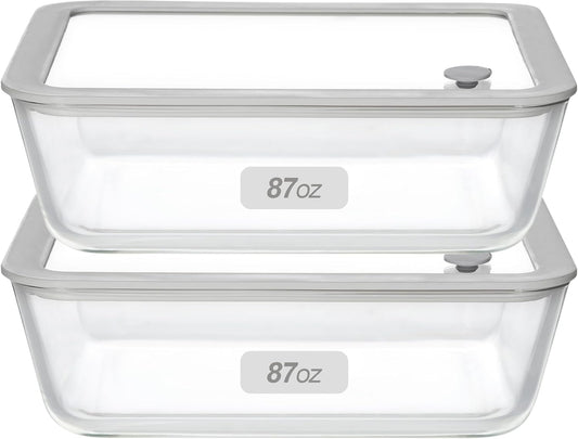 Glass Food Containers with Glass Lid, Microwave Safe Food Storage Container Set, 2 Pack of 87oz, Large Size Airtight Storage Set with Leak Proof Lids, Meal Prep Containers